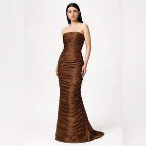 Catherine Regehr Chocolate Brown Silk Taffeta Draped Strapless Ruched Gown L